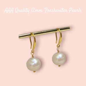 18k Gold Plated Freshwater Luster White Pearl Earrings. 12mm Large Round